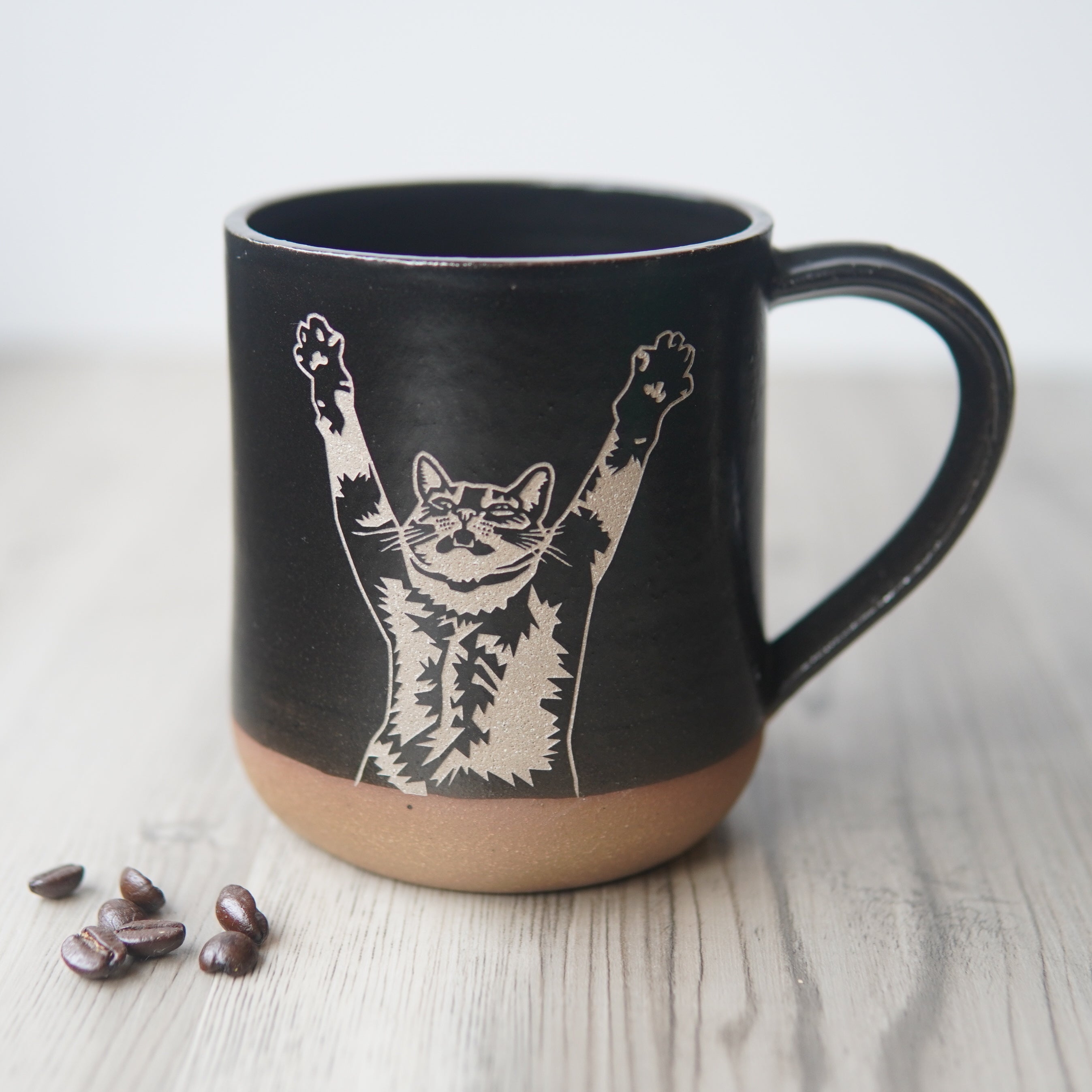 Stretching Cat Mug, Farmhouse Style Handmade Pottery